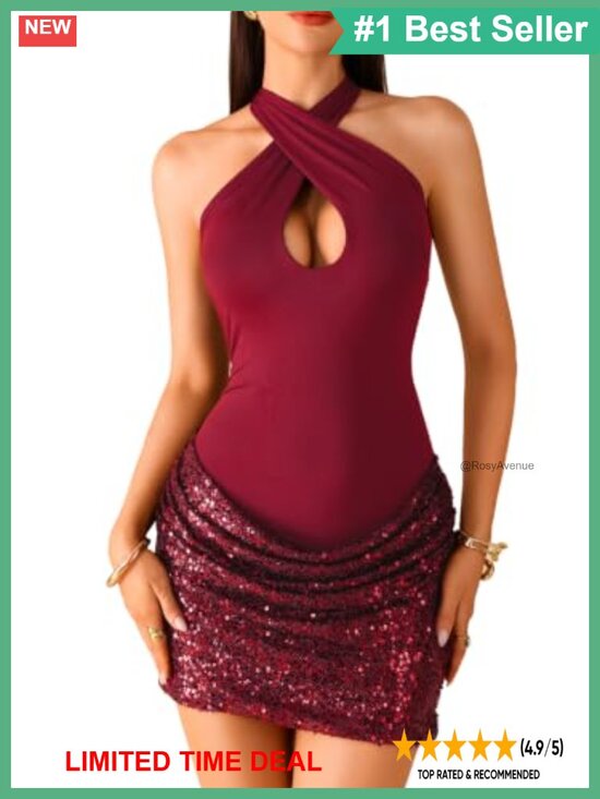 Dresses & Skirts - Sexy Keyhole Halter Sequin Mini Dress Bodycon Party Club